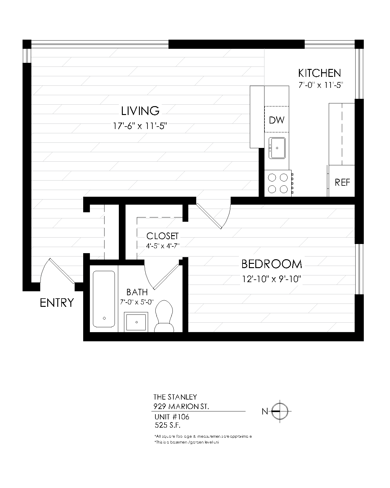 Floor plan for 1 bed, 1 bath, 520 sqft